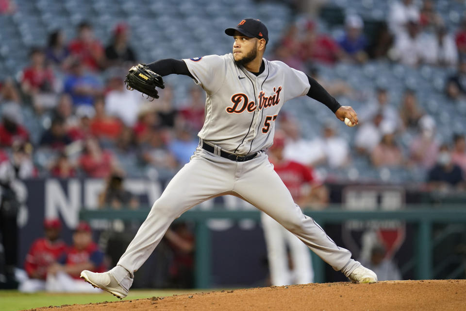 Detroit Tigers starting pitcher Eduardo Rodriguez (57) throws during the second inning of a baseball game against the Los Angeles Angels in Anaheim, Calif., Tuesday, Sept. 6, 2022. (AP Photo/Ashley Landis)