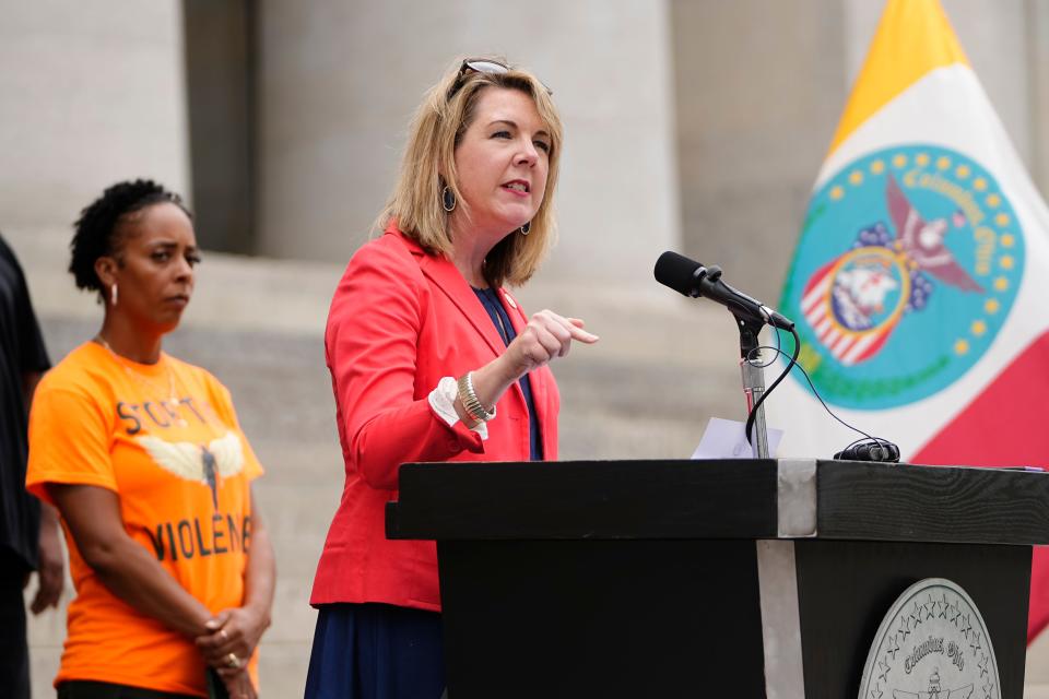 Jul 27, 2023; Columbus, Ohio, USA;  House Minority Leader Allison Russo speaks during a press conference with city and state officials demanding gun control reforms on the steps of the Ohio Statehouse.
