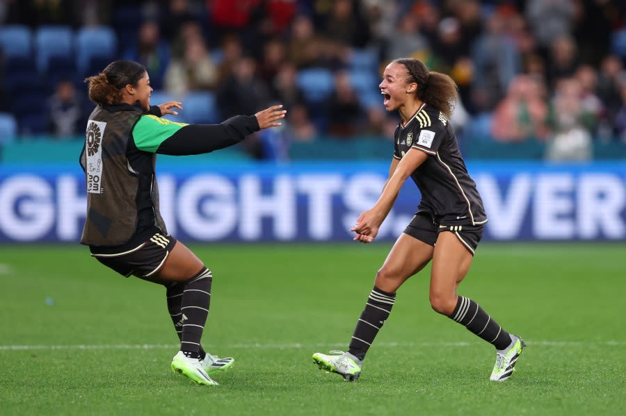 SYDNEY, AUSTRALIA – JULY 23:Peyton McNamara and Solai Washington of Jamaica celebrate after the scoreless draw in the FIFA Women’s World Cup Australia & New Zealand 2023 Group F match between France and Jamaica at Sydney Football Stadium on July 23, 2023 in Sydney / Gadigal, Australia. (Photo by Robert Cianflone/Getty Images)