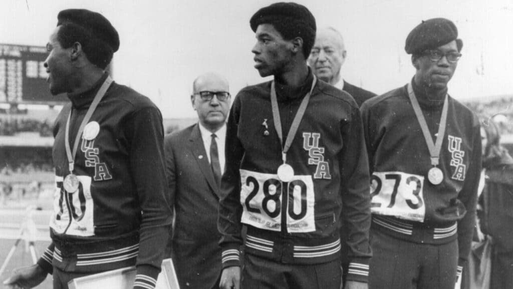 22nd October 1968: Olympic medal-winning, Afro-American atheletes for the 400 meters (from left to right) Lee Evans (gold), Larry James (silver), and Ron Freeman (bronze). (Photo by Keystone/Getty Images)