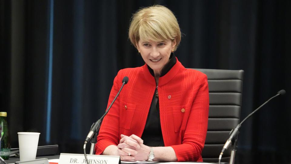 Ohio State University president Dr. Kristina Johnson during her final Ohio State University Board of Trustees meeting Feb 16, 2023 at the Longaberger Alumni House.