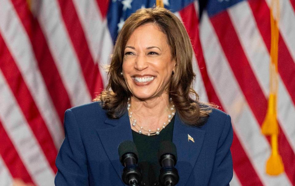 Kamala Harris campaigns for President as the presumptive Democratic candidate during an event at West Allis Central High School