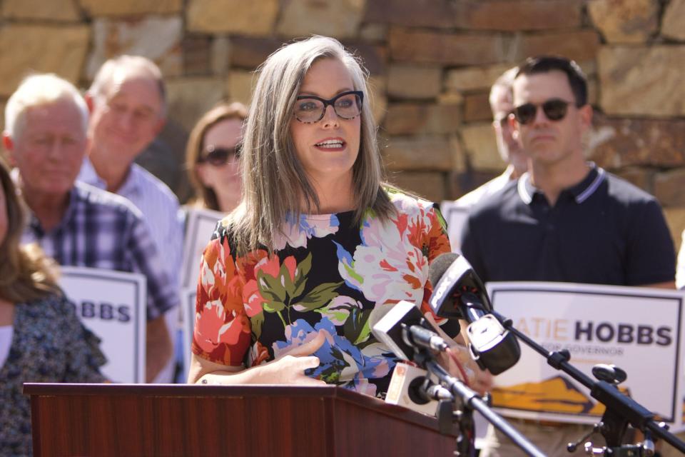 Governor candidate Katie Hobbs (D) speaking at a news conference at Barry Goldwater Park on Oct. 9, 2022.