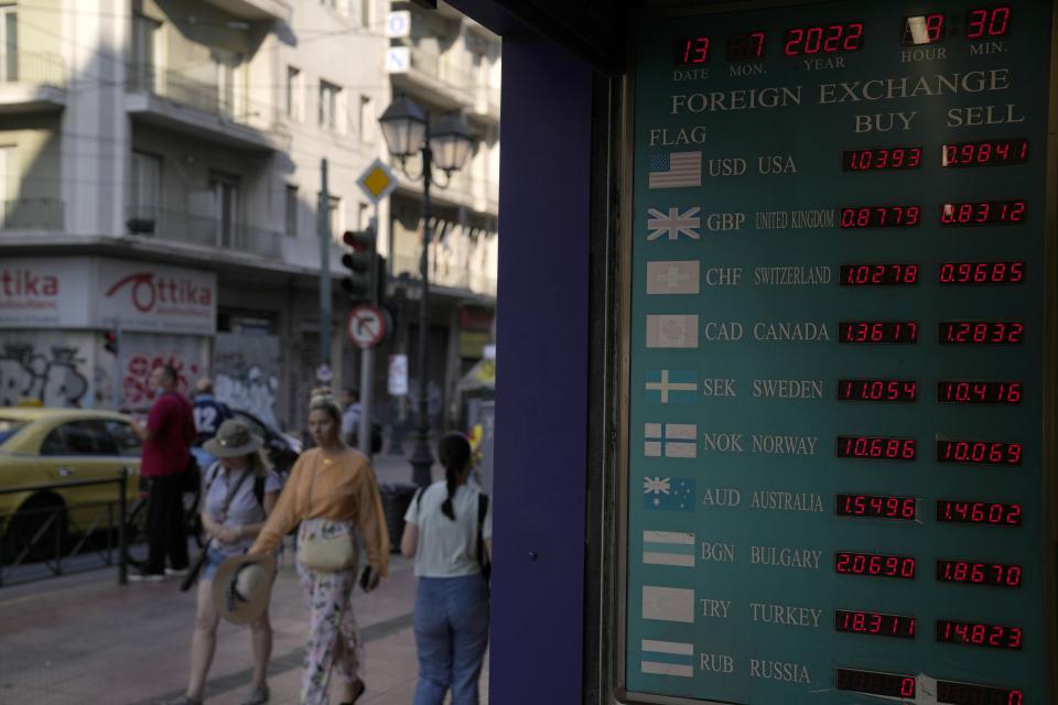 A screen of a currency exchange office shows the foreign exchange as pedestrians walk at Omonia square in Athens, Greece, Wednesday, July 13, 2022. The euro on Tuesday fell to parity with the dollar for the first time in nearly 20 years. (AP Photo/Thanassis Stavrakis)