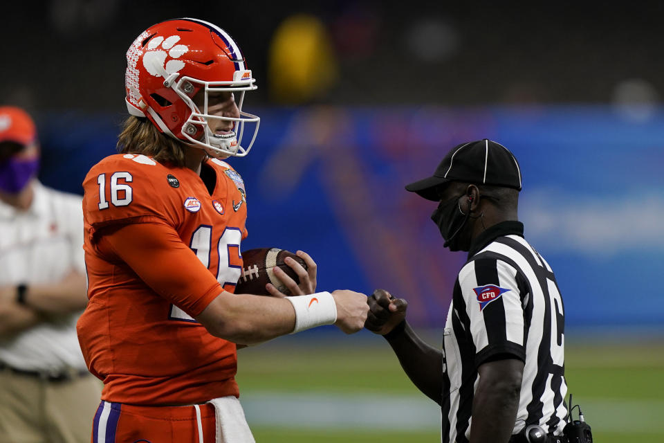 Clemson quarterback Trevor Lawrence warms up before the Sugar Bowl NCAA college football game against Ohio State Friday, Jan. 1, 2021, in New Orleans. (AP Photo/Gerald Herbert)