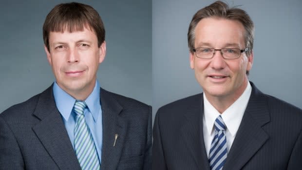 Alberta MLAs Todd Loewen, left and Drew Barnes have been expelled from the UCP caucus over allegations they divided the party and undermined government leadership. (Government of Alberta - image credit)