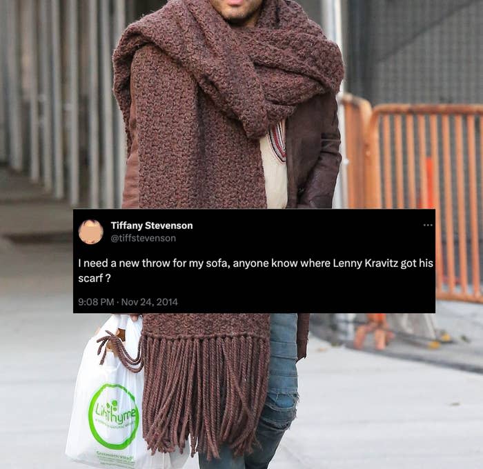 A tweet saying "I need a new throw for my sofa, anyone know where Lenny Kravitz got his scarf?"