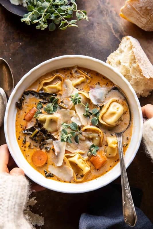 <p>Half Baked Harvest</p><p> A mix of vegetables, simmered with Italian seasonings, a splash of wine, kale, and cheese tortellini. Finish each bowl off with an extra sprinkle of cheese and serve with crusty bread. It’s hearty, full of greens, and great on weeknights and weekend evenings alike.</p><p><strong>Get the recipe: <a href="https://www.halfbakedharvest.com/tortellini-vegetable-soup/" rel="nofollow noopener" target="_blank" data-ylk="slk:Healthier Slow Cooker Creamy Tortellini Vegetable Soup;elm:context_link;itc:0;sec:content-canvas" class="link ">Healthier Slow Cooker Creamy Tortellini Vegetable Soup</a></strong></p>