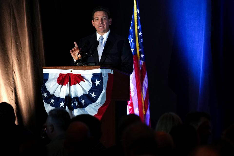 Florida Gov. Ron DeSantis delivers a speech before party members, headlining the Butler County GOP Lincoln Day dinner.