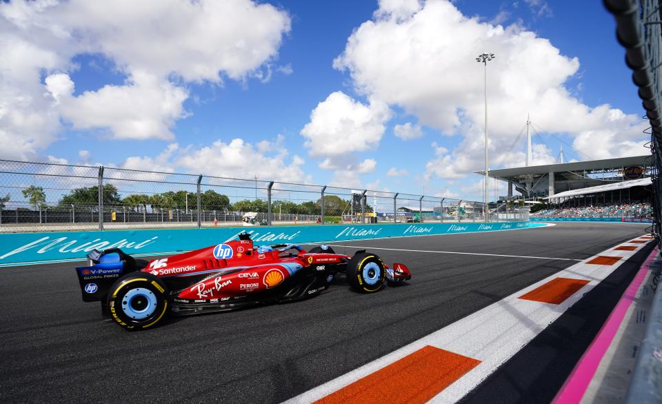 May 3, 2024; Miami Gardens, Florida, USA; Ferrari driver Charles Leclerc (16) races out of turn 17 during F1 Sprint Qualifying at Miami International Autodrome. Mandatory Credit: John David Mercer-USA TODAY Sports