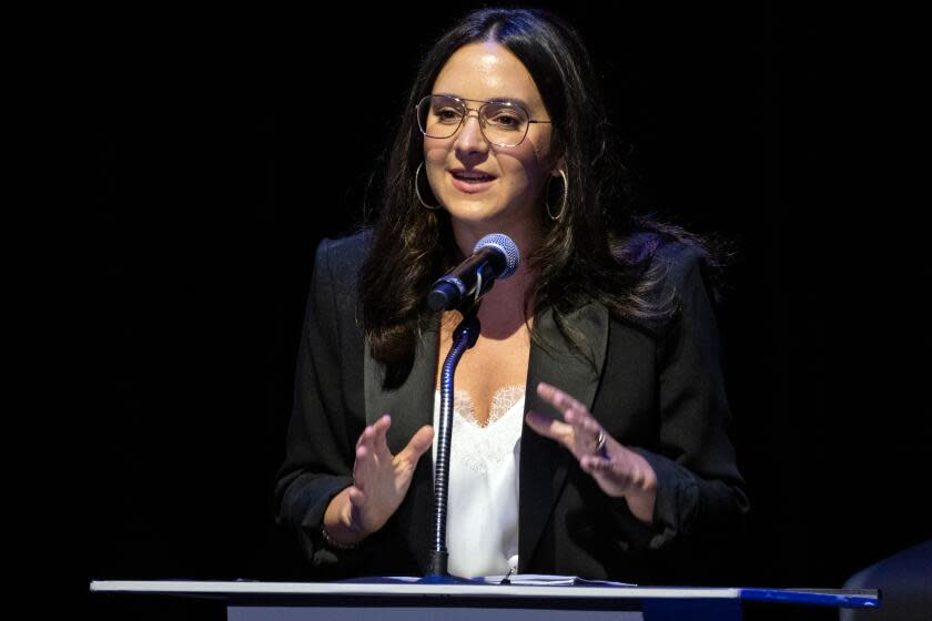 Los Angeles, CA - September 13: Controversial former NYT columnist Bari Weiss is the moderator at The Theatre at the Ace Hotel on Wednesday, Sept. 13, 2023, in Los Angeles, CA. The Free Press, led by Weiss, is holding a debate on Wednesday: Has the Sexual Revolution Failed? (Francine Orr / Los Angeles Times)