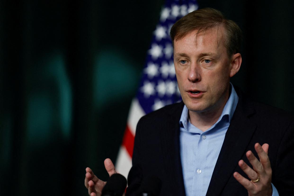 White House National Security Advisor Jake Sullivan briefs the press ahead of the trilateral summit at Camp David (REUTERS)
