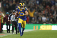 Los Angeles Rams wide receiver Cooper Kupp (18) runs against the Cincinnati Bengals during the first half of an NFL football game, Sunday, Oct. 27, 2019, at Wembley Stadium in London. (AP Photo/Frank Augstein)