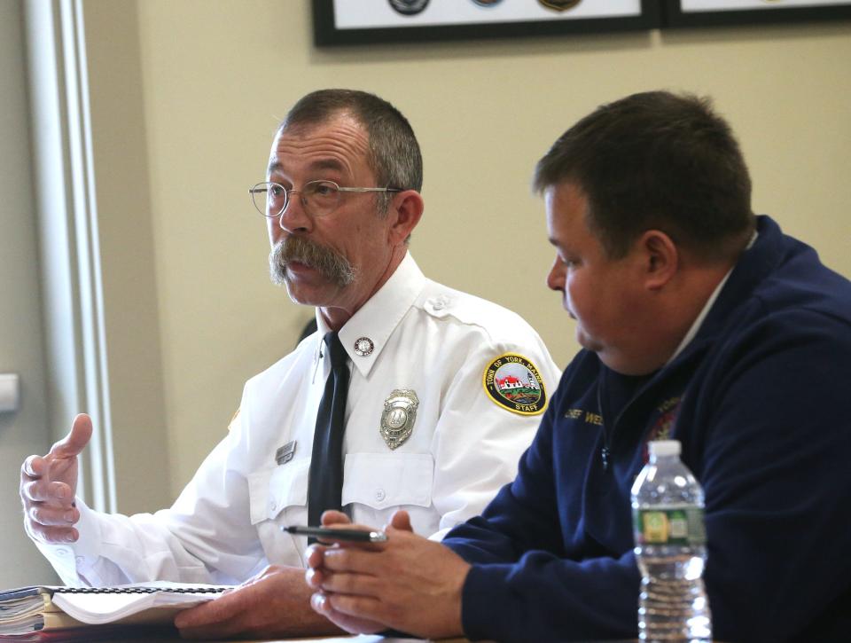 York Beach fire Capt. Dave Osgood, left, and Fire Chief Jeff Welch present their findings of the safety of 16 Railroad Ave., the location of the long-closed Pizza by Paras, during a hearing Monday March 25, 2024.