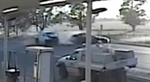 The shunt was caught on camera as the woman stopped to turn right into the petrol station. Photo: Supplied