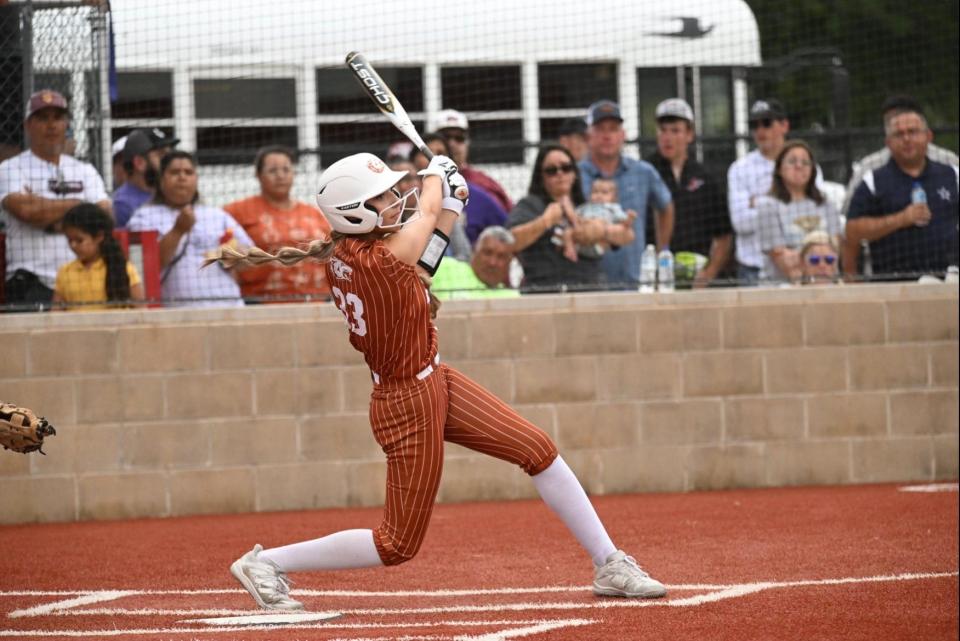 Alice's Deeandra Maldonado takes a swing during a one-game regional semifinal playoff against Boerne at Jourdanton on Thursday, May 18, 2023. The Greyhounds won 7-2.