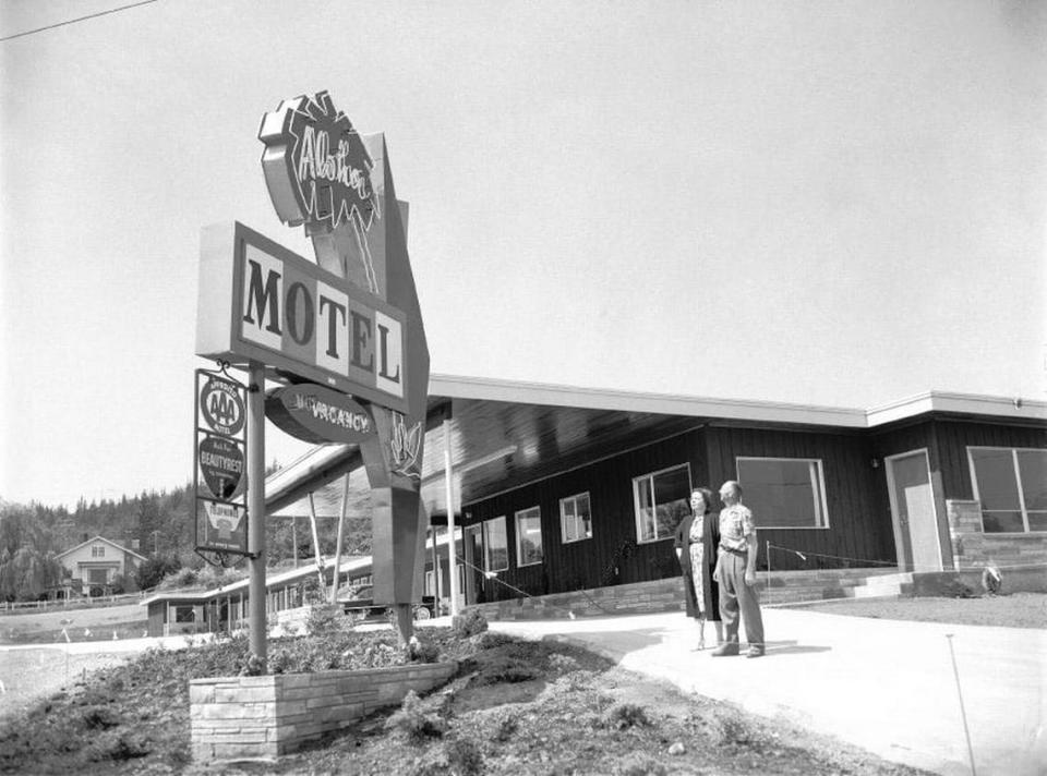 An undated historic photo of the neon Aloha Motel sign shows it installed in front of the motel in Bellingham, Wash. The site is now home to the Samish Commons affordable housing project, which will incorporate the historic, refurbished neon sign.