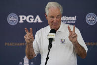 Dave Stockton speaks during a news conference at the PGA Championship golf tournament, Wednesday, May 18, 2022, in Tulsa, Okla. (AP Photo/Sue Ogrocki)