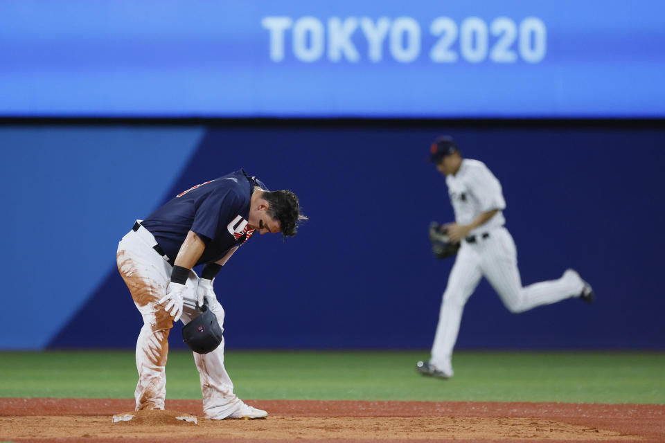 Team USA's Tyler Austin reacts on the second base after the eighth during the gold medal game between the U.S. and Japan on Aug. 7. (Steph Chambers/Getty Images)
