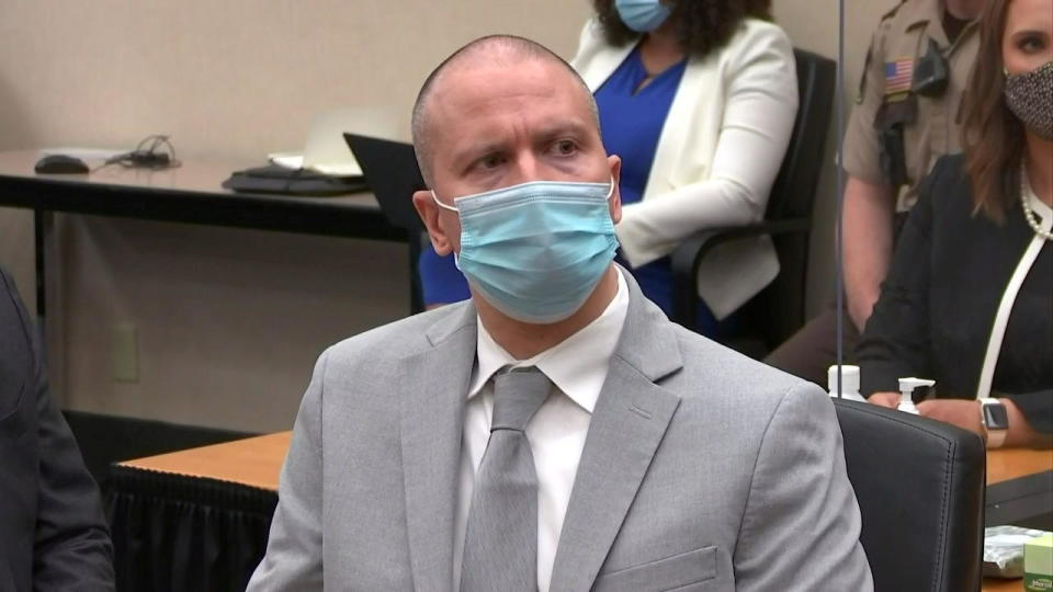 Former Minneapolis police officer Derek Chauvin listens to the judge announce his sentence of twenty two and a half years in prison for the murder of George Floyd during Chauvin's sentencing hearing in Minneapolis, Minnesota, June 25, 2021 in a still image from video. / Credit: POOL