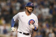 Chicago Cubs' Kris Bryant rounds the bases after hitting a solo home run during the fourth inning of a baseball game against the Cleveland Indians Tuesday, June 22, 2021, in Chicago. (AP Photo/Paul Beaty)