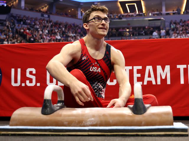 <p>Jamie Squire/Getty</p> Stephen Nedoroscik prepares to compete on the pommel horse on Day 3 of the 2024 U.S. Olympic gymnastics trials on June 29.