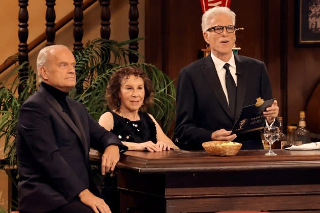 (L-R) Kelsey Grammer, Rhea Perlman, and Ted Danson speak onstage during the 75th Primetime Emmy Awards at Peacock Theater on January 15, 2024 in Los Angeles, California.  - Credit: Kevin Winter/Getty Images