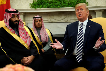 U.S. President Donald Trump welcomes Saudi Arabia's Crown Prince Mohammed bin Salman in the Oval Office at the White House in Washington, U.S. March 20, 2018. REUTERS/Jonathan Ernst
