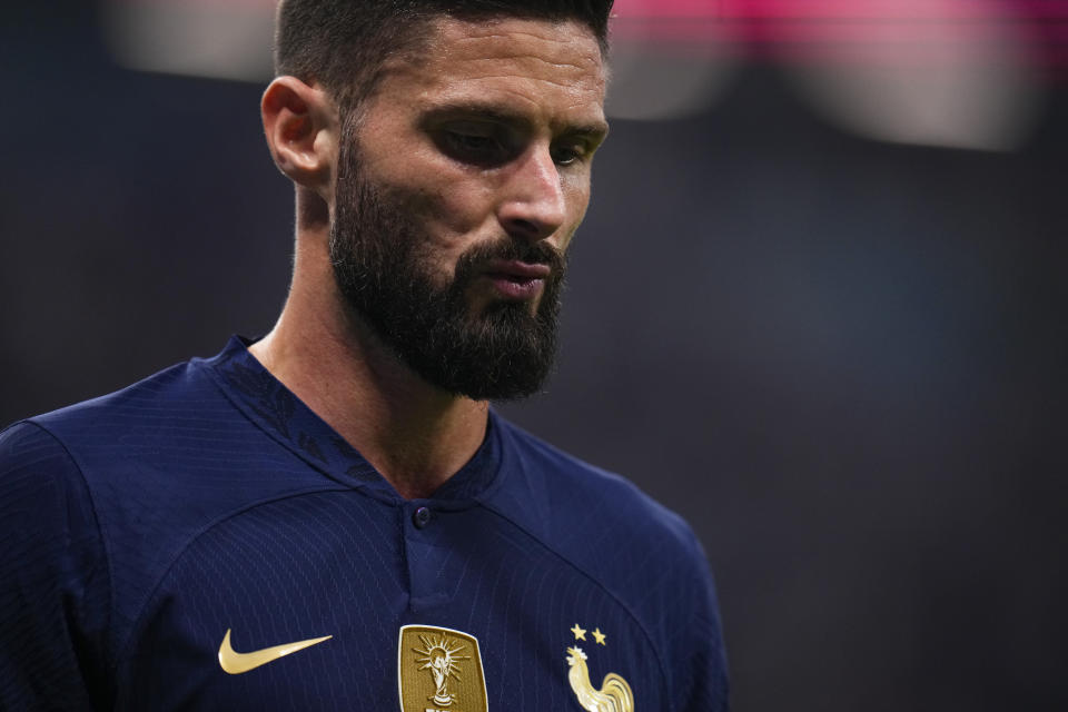 France's Olivier Giroud looks down /during the World Cup semifinal soccer match between France and Morocco at the Al Bayt Stadium in Al Khor, Qatar, Wednesday, Dec. 14, 2022. (AP Photo/Manu Fernandez)