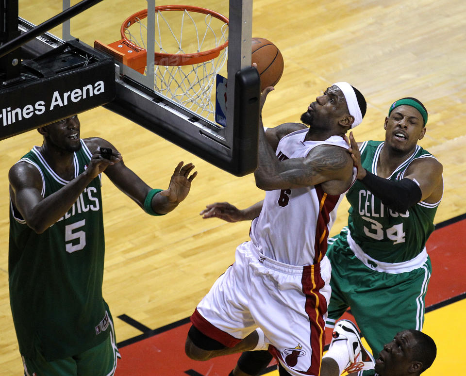 MIAMI, FL - JUNE 9: Miami Heat small forward LeBron James (#6) takes it to the rim late in the fourth quarter. Boston Celtics NBA basketball, action and reaction. The Celtics play the Miami Heat in Game seven of the Eastern Conference Finals at American Airlines Arena in Miami. (Photo by Barry Chin/The Boston Globe via Getty Images)