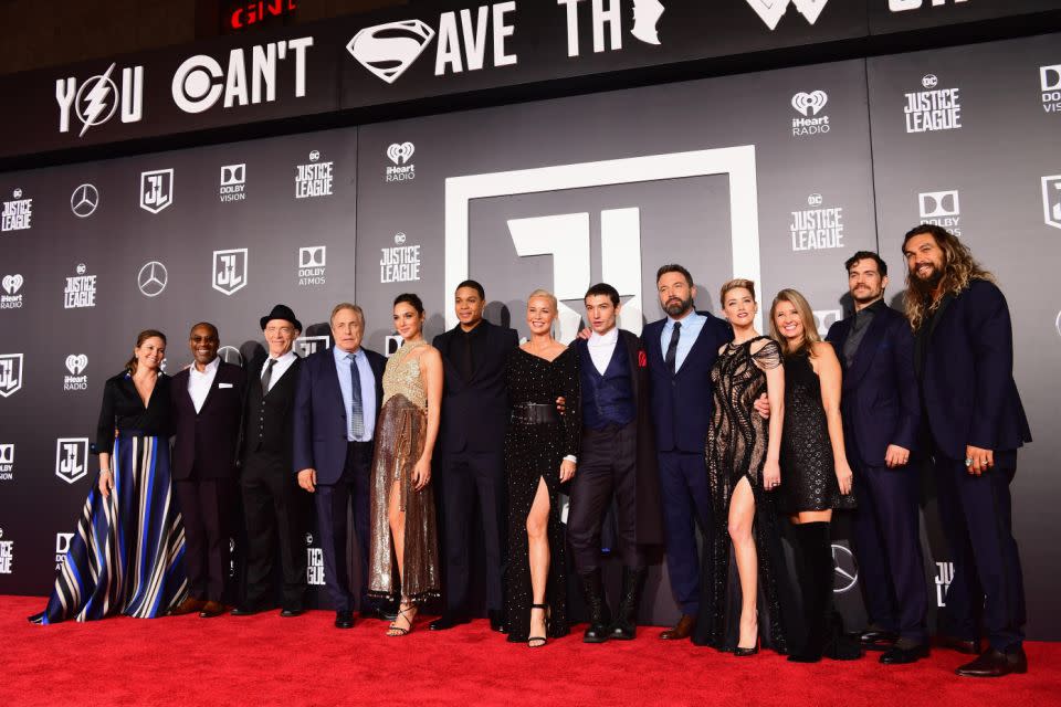 (L-R) Actors Diane Lane, Joe Morton, JK Simmons, producer Chuck Roven, actors Gal Gadot, Ray Fisher, Connie Nielsen, Ezra Miller, Ben Affleck, Amber Heard, producer Deborah Snyder, actors Henry Cavill and Jason Momoa attend the premiere of Warner Bros. Pictures' 'Justice League' at Dolby Theatre on November 13, 2017 in Hollywood. Source: Getty