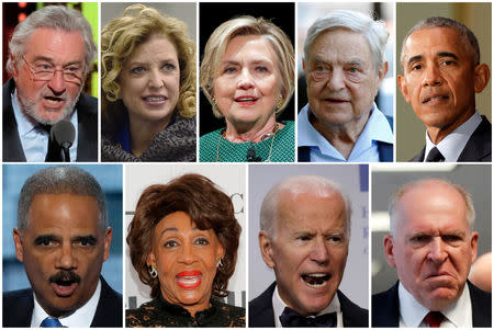 (Top L-R) Actor Robert De Niro, U.S. Representative Debbie Wasserman Schultz, former Democratic presidential candidate Hillary Clinton, Democratic Party donor George Soros and former U.S. President Barack Obama, (Bottom L-R) former U.S. Attorney General Eric Holder, U.S. Congresswoman Maxine Waters, former U.S. Vice President Joe Biden and former CIA director John Brennan are pictured in a combination photograph from Reuters file photos. REUTERS/File Photos