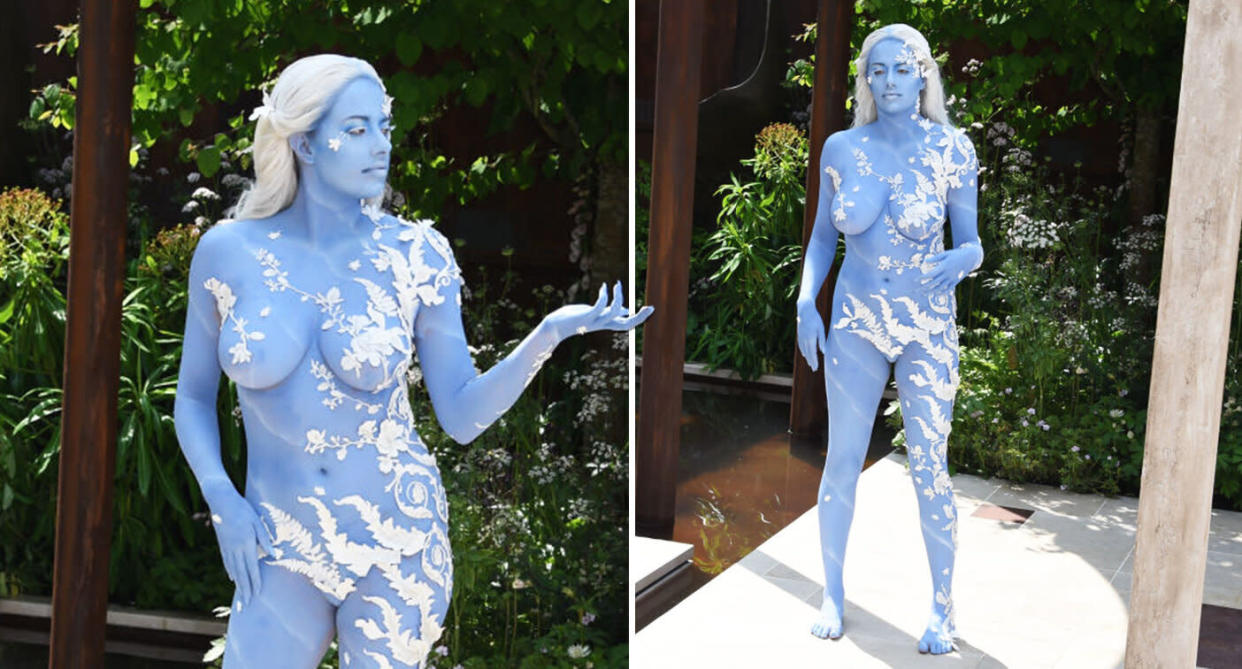 Model Alexandra Ford posed nude at the RHS Chelsea Flower Show. [Photo: Getty]