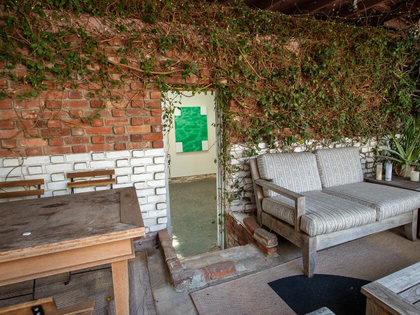 A fig vine grows around a door in a wall from a furnished patio