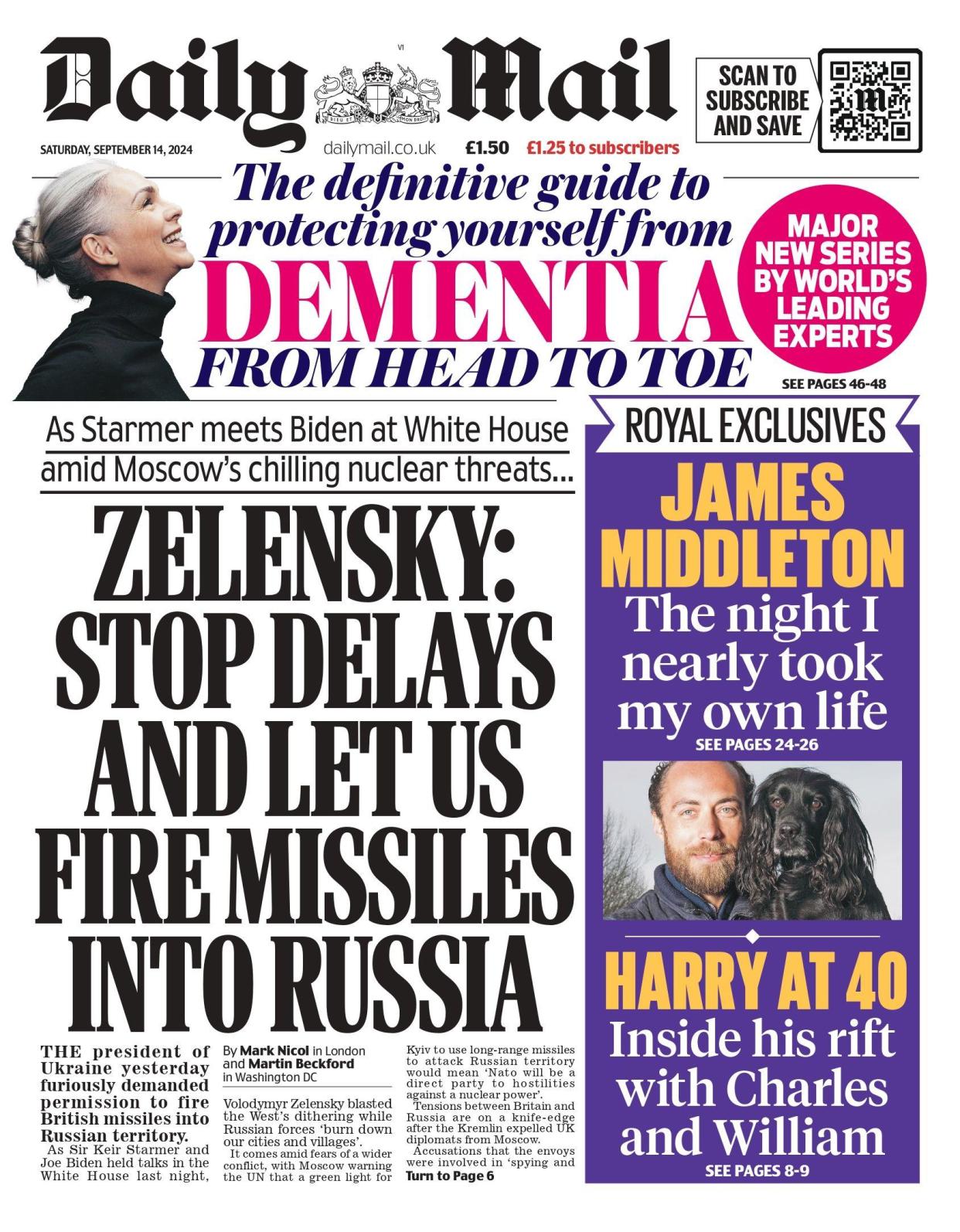 The headline on the front page of the Daily Mail reads: 'Zelensky: Stop delays and let us fire missiles into Russia'