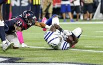 Oct 8, 2015; Houston, TX, USA; Indianapolis Colts receiver Andre Johnson (81) scores a fourth quarter touchdown against Houston Texans cornerback Darryl Morris (21) at NRG Stadium. Matthew Emmons-USA TODAY Sports