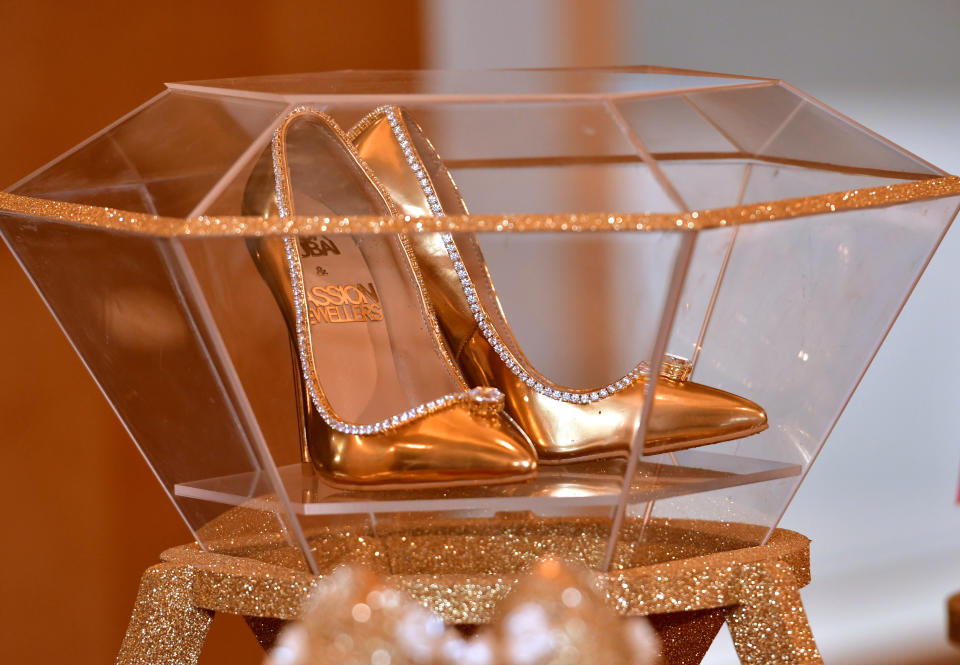 A pair of shoes worth 17 million US dollars are seen on display at Burj Al Arab during the launch presentation in Dubai on September 26, 2018. - The Passion Diamond Shoes, features hundreds of diamonds, together with two imposing D-flawless diamonds of 15 carats each. (Photo by GIUSEPPE CACACE / AFP)        (Photo credit should read GIUSEPPE CACACE/AFP via Getty Images)