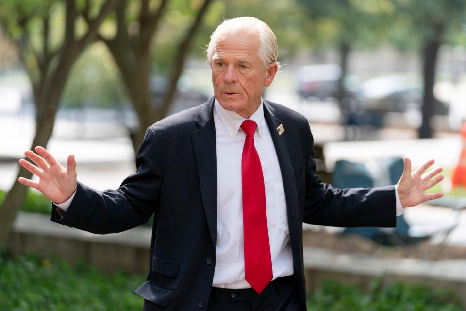 Peter Navarro, an advisor to former U.S. President Donald Trump, speaks to reporters as he arrives at the E. Barrett Prettyman Courthouse on September 07, 2023 in Washington, D.C.