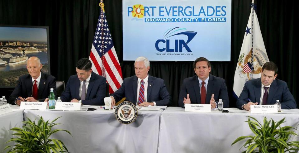 From left, U.S. Sen. Rick Scott, Chad Wolf, acting secretary of Homeland Security, U.S. Vice President Mike Pence, Florida Gov. Ron DeSantis and Florida Sen. Marco Rubio attended a meeting with cruise line executives to discuss the coronavirus response at Port Everglades on March 7, 2020.