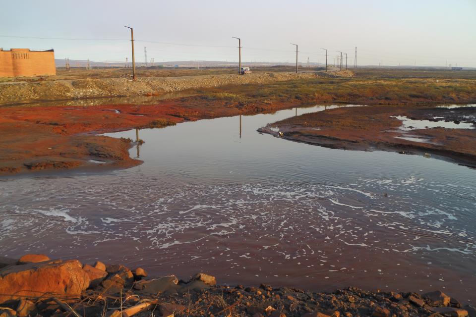 This handout photo provided by Vasiliy Ryabinin shows oil spill outside Norilsk, 2,900 kilometers (1,800 miles) northeast of Moscow, Russia, Friday, May 29, 2020. Russian authorities have charged Vyacheslav Starostin, the director of an Arctic power plant that leaked 20,000 tons of diesel fuel into the ecologically fragile region on May 29, 2020, with violating environmental regulations. An investigation is ongoing Monday JUne 8, 2020, into the alleged crime, that could bring five years in prison if Starostin is found guilty. (Vasiliy Ryabinin via AP)