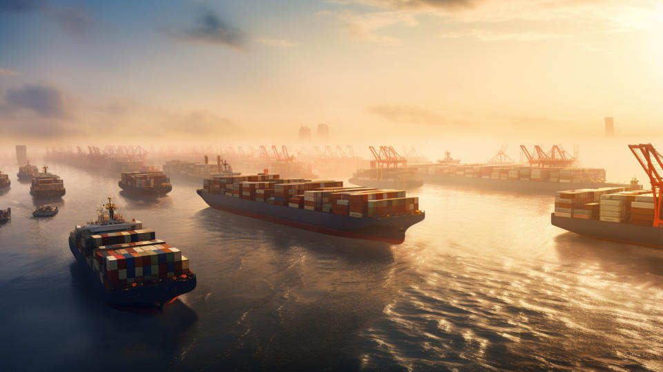 A fleet of enormous cargo ships entering an estuary, demonstrating the company's rich maritime freight industry.