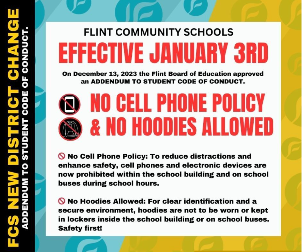 Virtual poster announcing new cellphone and hoodie ban in Flint Community Schools, Michigan