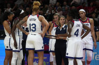 United States' coach Cheryl Reeve, third right, talks with her players during a brea in play against Belgium during their women's Basketball World Cup game in Sydney, Australia, Thursday, Sept. 22, 2022. (AP Photo/Mark Baker)