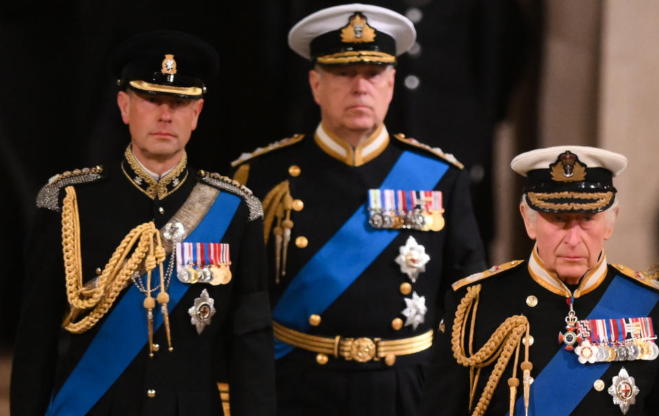 King Charles III, the Earl of Wessex and the Duke of York hold a vigil beside the coffin of their mother, Queen Elizabeth II, as it lies in state on the catafalque in Westminster Hall, at the Palace of Westminster, London. Picture date: Friday September 16, 2022.