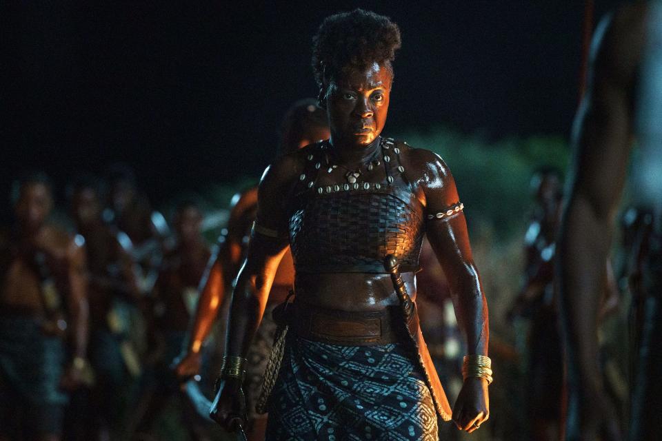 African warrior Nanisca (Viola Davis) rallies the troops in the period action epic "The Woman King."
