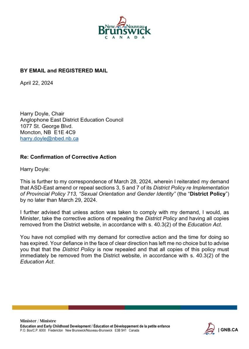 The first page of the letter sent by Minister of Education Bill Hogan to Anglophone East District Education Council Chair Harry Doyle on April 22.