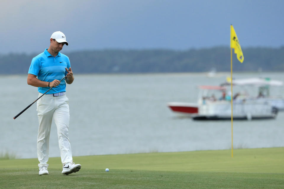 Rory McIlroy of Northern Ireland walks on the 18th green during the second round of the RBC Heritage on June 19, 2020, at Harbour Town Golf Links in Hilton Head Island, South Carolina.