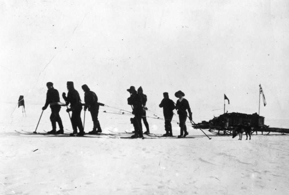 Captain Scott leads a sleigh party over the ice to the South Pole in 1912 (Getty)