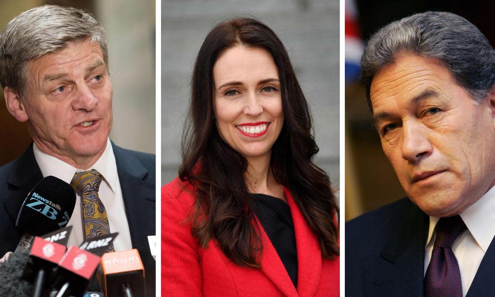 Prime minister Bill English (L) and Labor leader Jacinda Ardern (C), Winston Peters (R)