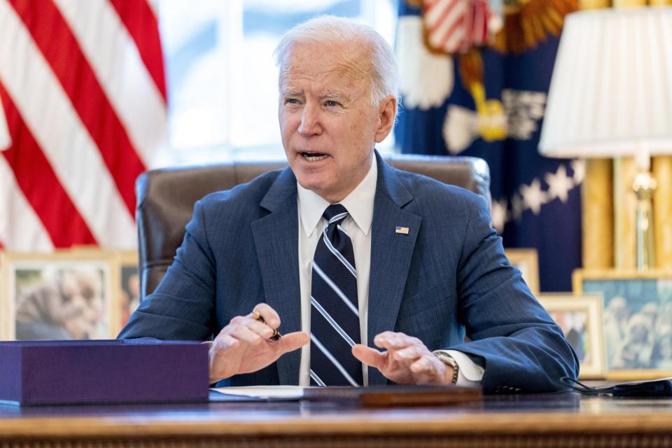 President Joe Biden speaks before signing the American Rescue Plan, a coronavirus relief package, in the Oval Office of the White House, Thursday, March 11, 2021, in Washington. (AP Photo/Andrew Harnik)